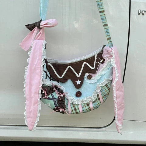 Harajuku Y2k Aesthetic Ins Underarm Bag Contrast Color Plaid Rabbit Ear Canvas Bag Grunge Patchwork Lace Shoulder Handbags