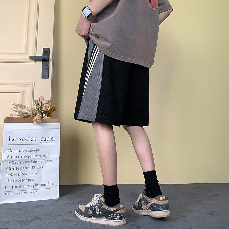 Panel Stripe Shorts Korean Chic Y2k Loose Straight Elastic Waist Short Pants Casual Harajuku Streetwear