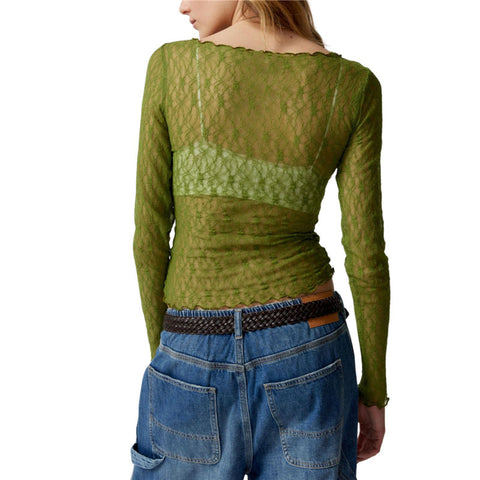 Lace Tops for y2k Clothes Sheer See Through Round Neck Long Sleeve Ruched T Shirt 2000s Clothing Party Clubwear