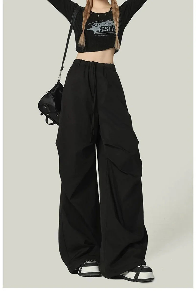 Black Y2K Streetwear Cargo Pant Vintage High Waist American Loose Trousers Hip Hop Retro Bf Wrinkles Paratrooper Pants New