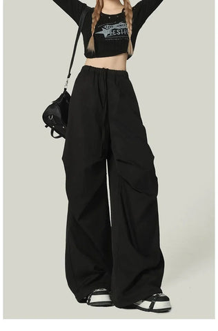 Black Y2K Streetwear Cargo Pant Vintage High Waist American Loose Trousers Hip Hop Retro Bf Wrinkles Paratrooper Pants New