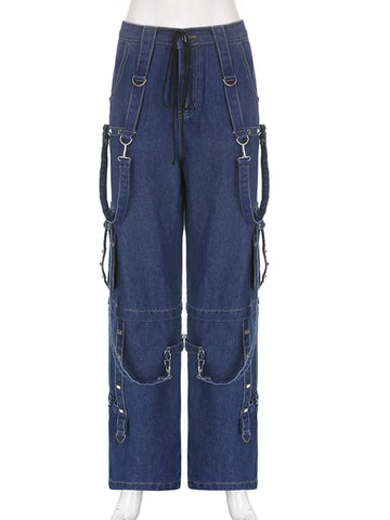 Y2k Bandage Cargo Jeans Punk Metal Blue Baggy Streetwear Pants Korean Grunge Aesthetic Jeans Stylish Vintage 90s