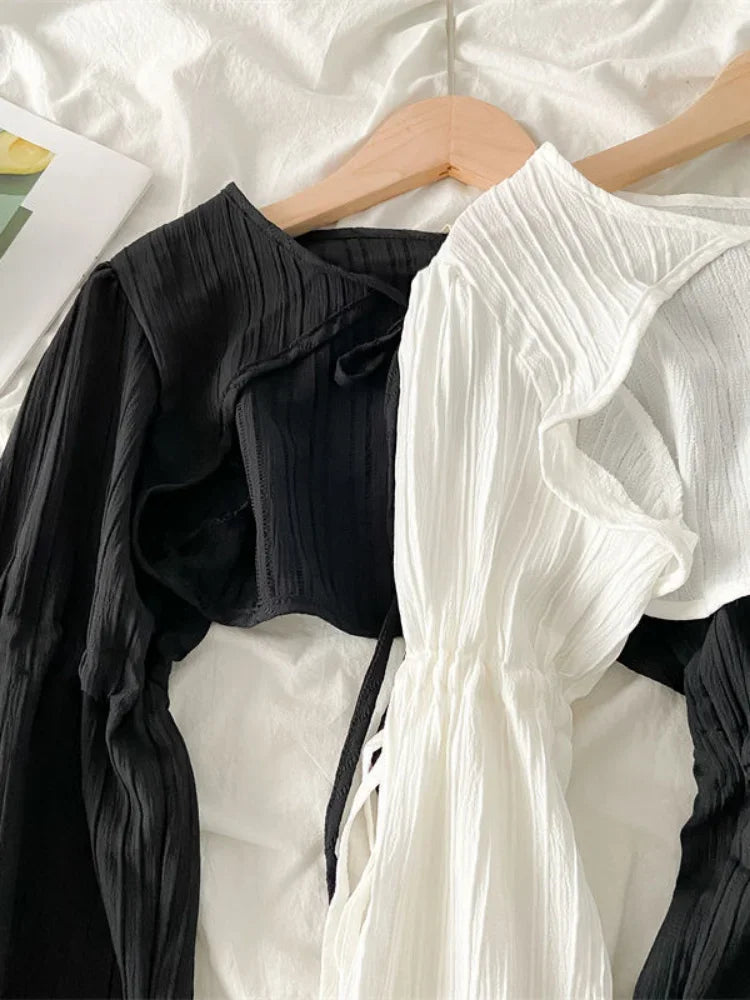 Y2k Sun Protection Cardigan Women' Clothing Thin Crop Tops Bandage Long Sleeve Blouse Cape Femme Ruffles Korean Sweater