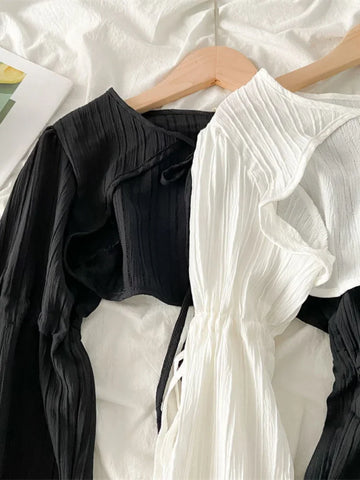 Y2k Sun Protection Cardigan Women' Clothing Thin Crop Tops Bandage Long Sleeve Blouse Cape Femme Ruffles Korean Sweater