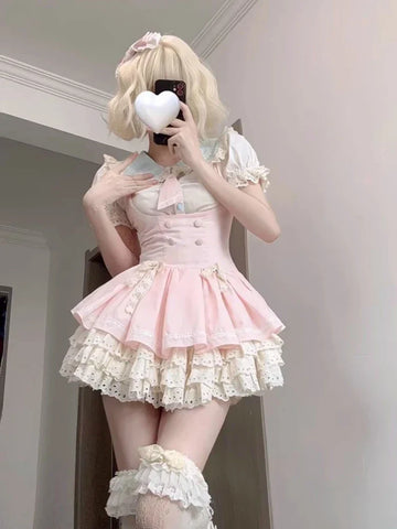 Voguable Lolita Kawaii 2 Piece Sets Cute Slim Blouse Blouse + Sweet Lace Sleeveless Y2k Mini Dress Japanese Style Suit