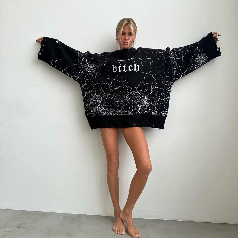 Sweater  and Winter Hollow Out Casual Loose Round Neck Printed Pullover Y2k Knit Tops for Women