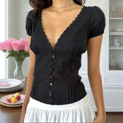 Coquette Shirt y2k Clothes Deep V Neck Lace Trim Single Breasted Short Sleeve Blouse Crop Top Club Streetwear