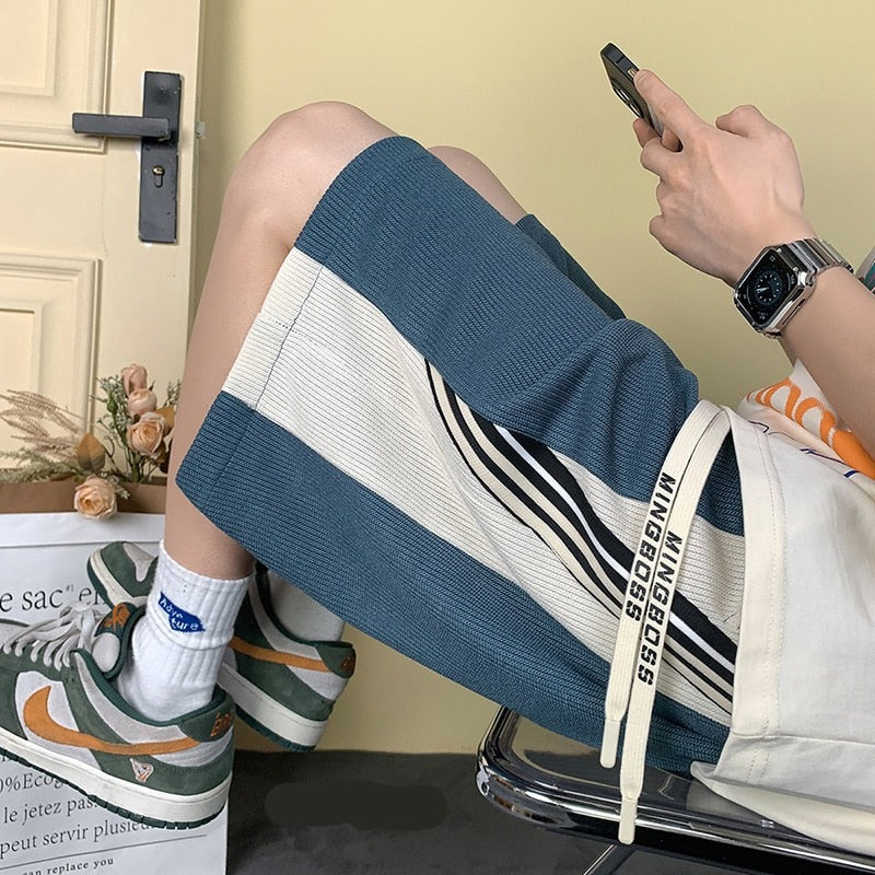 Panel Stripe Shorts Korean Chic Y2k Loose Straight Elastic Waist Short Pants Casual Harajuku Streetwear