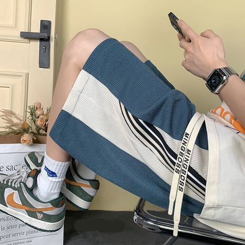 Panel Stripe Shorts Korean Chic Y2k Loose Straight Elastic Waist Short Pants Casual Harajuku Streetwear