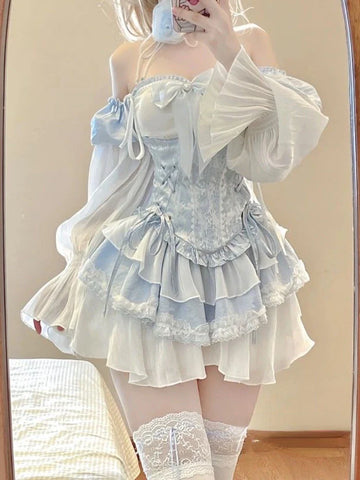 Voguable Blue Lolita Clothing Suit Slim Vest + Kawaii Y2k Mini Dress Elegant Short Party Dress Japanese Style Suit