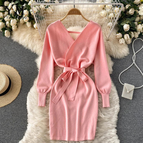 Y2K Casual Vestidos Dress  Winter Bodycon Knitted Sweater Dress Elegant  Office Ladies Dress