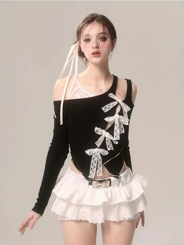 Voguable Lace Fake Two Piece Blouse Japanese Style Bow Kawaii Y2k T Shirt Spicy Girl Aesthetics Slim Tees Chic