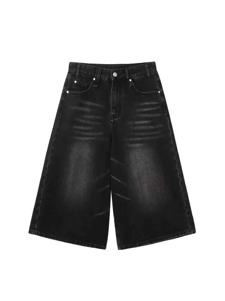 Voguable Y2k Retro Low Rise Jorts Brushed Black Wash Cropped Baggy Jeans Wide Leg Frayed Denim Short Pants Acubi Fashion