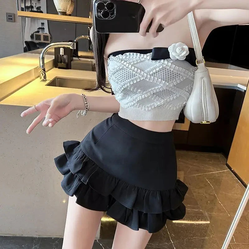 Black Ruffled Mini Skirt Y2K Sweet Preppy Casual Shorts Skirts Korean High Waist Folds A Line Skirts