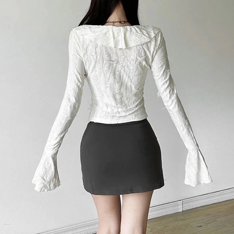 Fairycore Top White Clothes Gothic Ruffled V Neck Flared Long Sleeve Ripped Blouse Shirt y2k Aesthetic Clothing