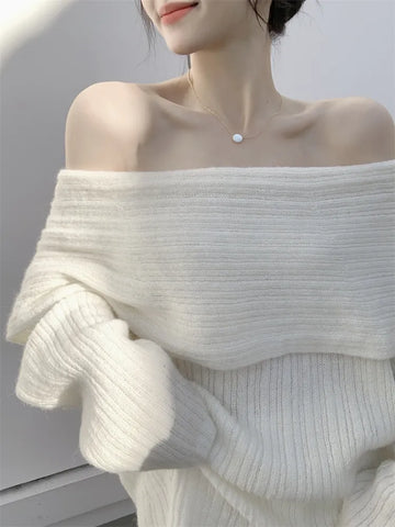 Design White Knitted Sweater Long Sleeve Pure Color Korean Y2k Clothing Elegant Pullover Female