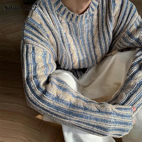 Voguable  Fashionable Striped Knitting Sweaters Streetwear Y2K Loose O Neck Long Sleeve Knit T-shirts Vintage Sweater Tops