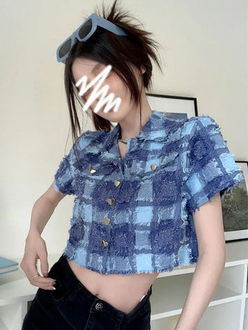 Tassel Cropped Plaid Shirt Vintage Streetwear Short Sleeve Blouse Casual Retro American Short Y2K Tops