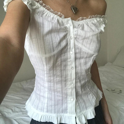 Voguable French Style Button-up Tank Top Chic Elegant Ruched Lace Stitching Slash Neck Camisole Cute Slim-fit Vest Y2K