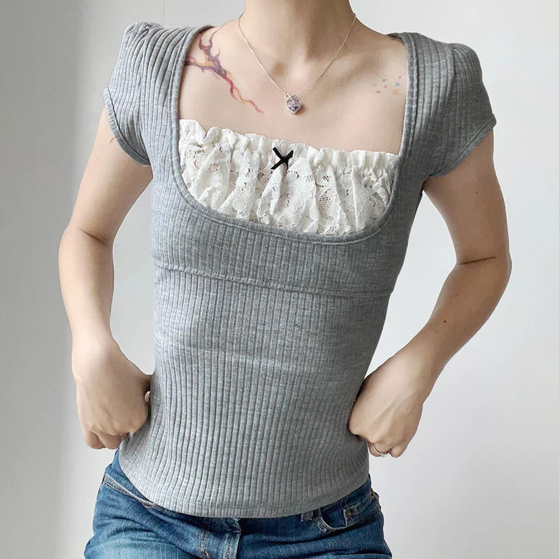 Voguable Y2K Contrast Lace Patchwork Knitted Top Cute Casual Basic Short Sleeve T-shirts Coquette Square Collar Tee