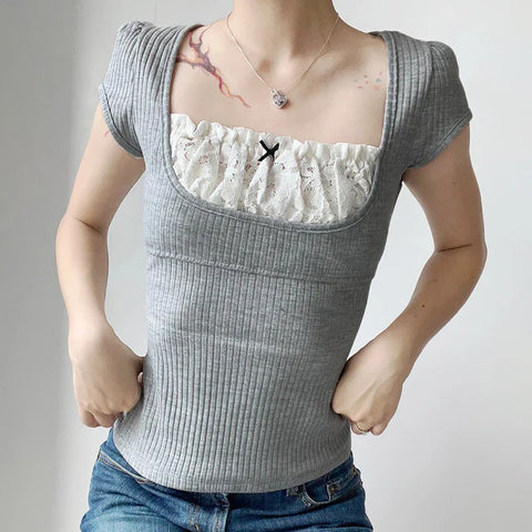 Voguable Y2K Contrast Lace Patchwork Knitted Top Cute Casual Basic Short Sleeve T-shirts Coquette Square Collar Tee