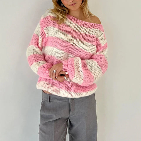 Striped Loose Fit Knitted Pullovers Long Sleeve Knitwear Vintage Grunge Y2K Sweater Preppy Clothes