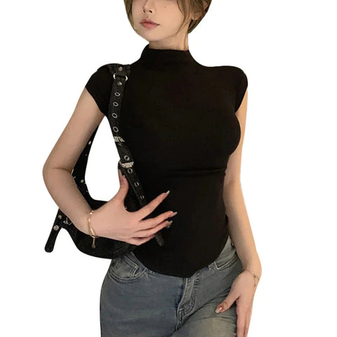 y2k Crop Tops Vest Solid Color Mock Neck Sleeveless Stretchy T Shirts 2000s Aesthetic Clothing Streetwear
