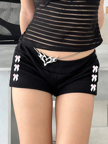 Voguable Kawaii Bow Patchwork Mini Shorts Low Rise Bottoms Korean Knit Skinny Panties Y2K Aesthetic Short Pant coquette