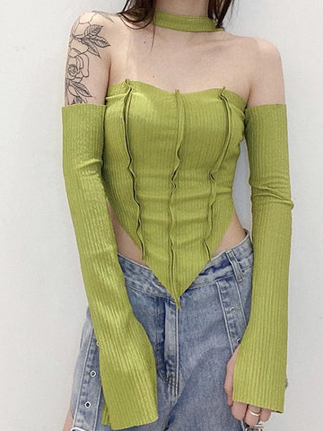 Y2K Top Long Sleeve T-Shirts 2 Piece Tops Halter Tanks Backless Crop Top Off Shoulder Tees Christmas Clothes