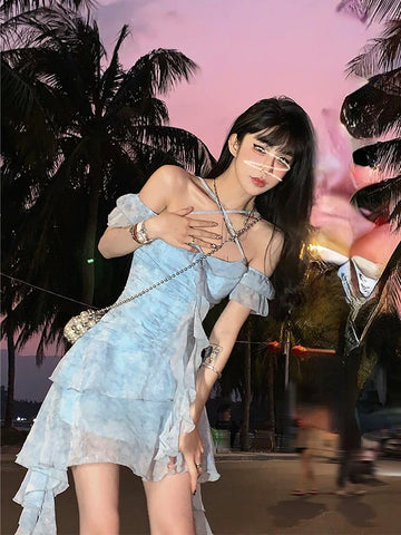 Voguable Beach Style Flroal Y2k Mini Dress Woman Chiffon Elegant Y2k Mini Dress Korean Short Party Dress Office Lady