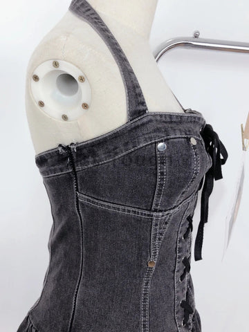 Voguable  Aesthetic Vintage Loose Slash Neck Dress Elegant Slim Sleeveless Dresses FeY2k Lace Up Clothes Streetwear