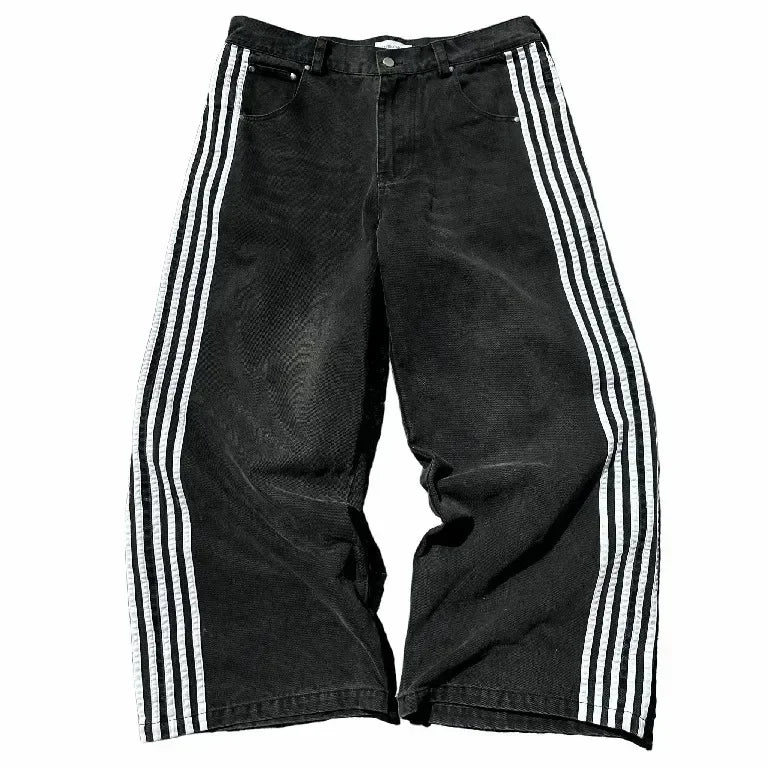 Hip Hop Baggy Jeans  Harajuku Goth Y2k Jeans for Black Striped Embroidered Wide Leg Denim Pants High Street Streetwear