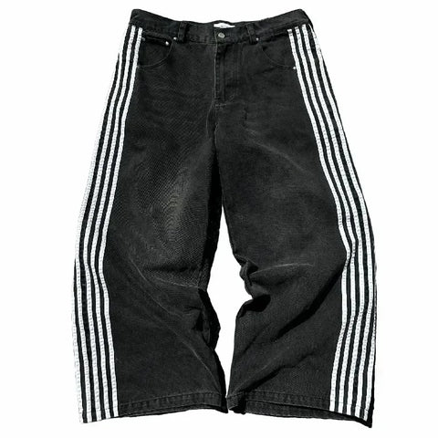 Hip Hop Baggy Jeans  Harajuku Goth Y2k Jeans for Black Striped Embroidered Wide Leg Denim Pants High Street Streetwear