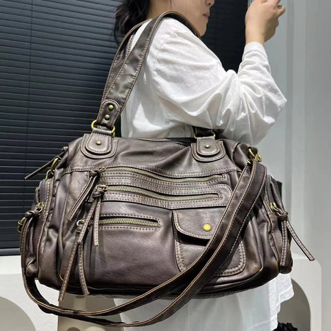 Y2K Girl Single Shoulder Crossbody Bag Vintage Washed Leather Motorcycle Bag Large Capacity Multi Pocket Bag