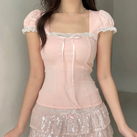 Voguable Y2K Contrast Lace Bow Patchwork Top Casual Basic Slim-fit Short Sleeve T-shirt Coquette Aesthetic Tees