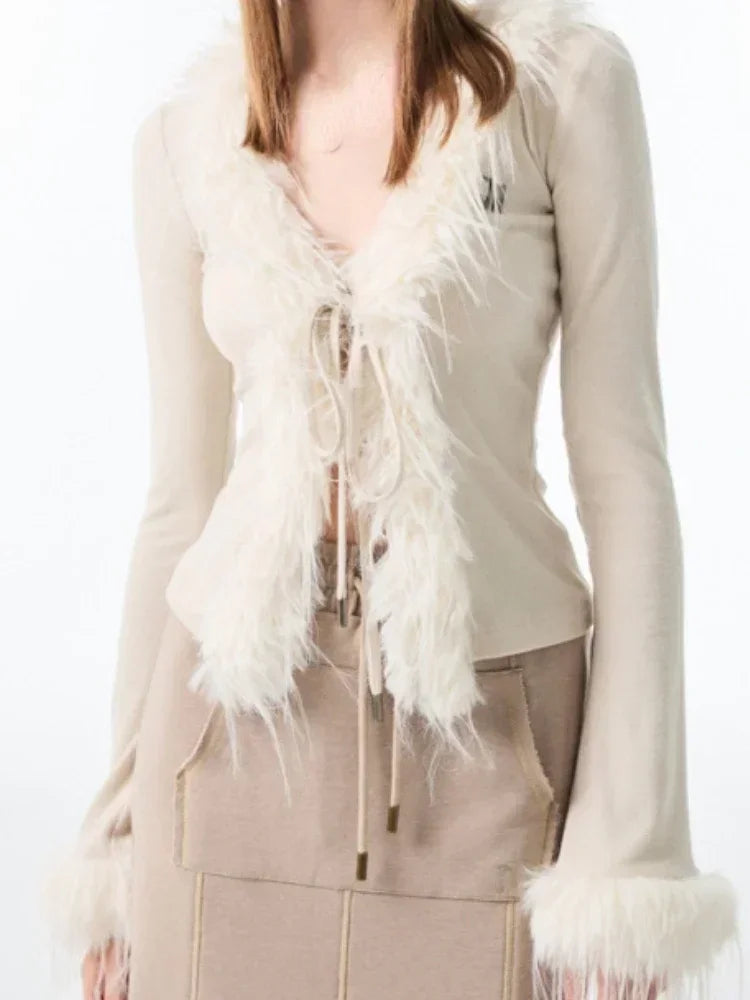 Y2k Aesthetic V-neck Jacket Korean Cardigan  Harajuku Vintage Bandage Fur Patchwork Coat Chic