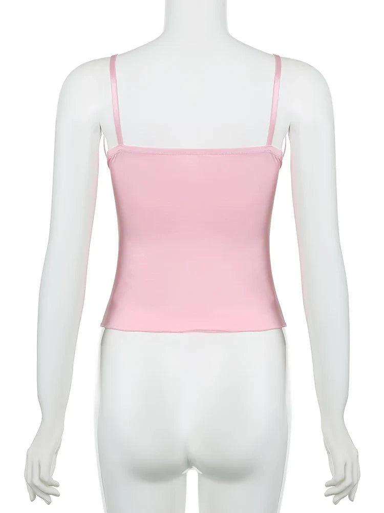 Voguable Kawaii Lace Bow Patchwork Camis Coquette Aesthetic V Neck Corset Tops Y2K Streetwear FeAesthetic Clothes