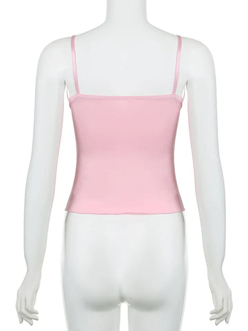 Voguable Kawaii Lace Bow Patchwork Camis Coquette Aesthetic V Neck Corset Tops Y2K Streetwear FeAesthetic Clothes