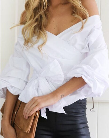 Slim Off Shoulder Shirts Long Sleeve Bow Tie White Blouse Solid V-Neck Harajuku Tops Y2K Clothes
