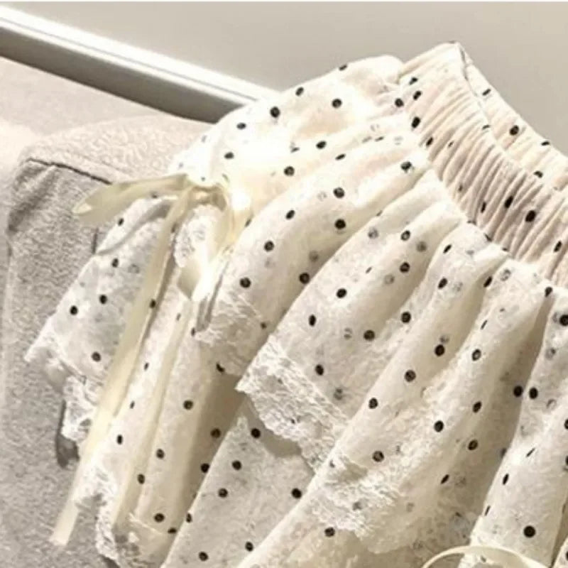 Korean Sweet Dot Lace Bow Mini Skirt Y2k Harajuku A-line Skirt Girl Elastic High Waist Cake Skirts