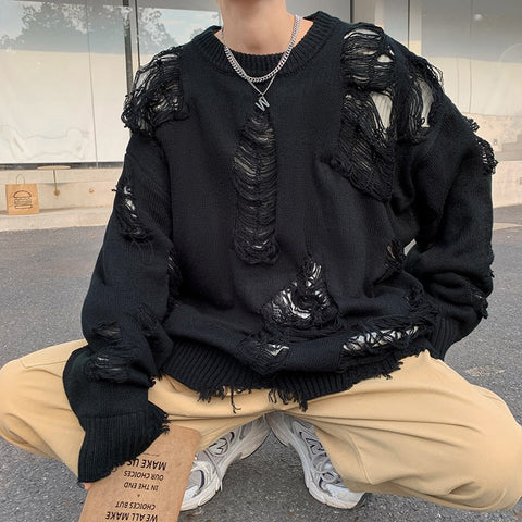 Ripped Sweaters Pullovers for Baggy High Street Retro Japanese Design Y2k Knitwear Harajuku Свитер Handsome Cool Teens Chic
