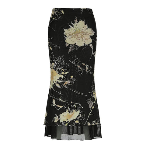 Vintage Floral Print Low Rise Long Skirt Streetwear 90s Slim-fitting Skirts Harajuku y2k Aesthetic Ladies Bottoms