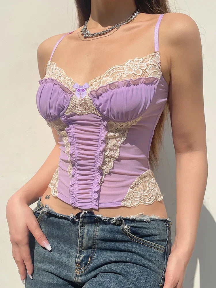 Voguable  y2k Lace Patchwork Purple Coquette Mesh Corset Backless Criss-cross Halter Camis Sweet Aesthetic Crop Top