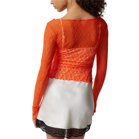 Lace Tops for y2k Clothes Sheer See Through Round Neck Long Sleeve Ruched T Shirt 2000s Clothing Party Clubwear