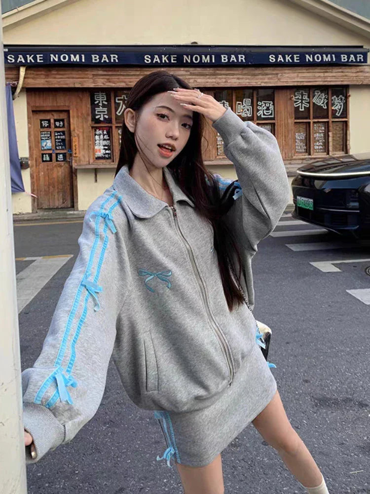 Voguable 2 Piece Skirt Sets FeY2k Clothing Zipper Bow Sweet Korean Hoodie Suits Studentseven Party Outwear