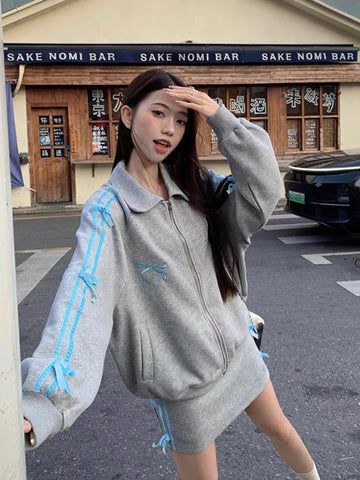 Voguable 2 Piece Skirt Sets FeY2k Clothing Zipper Bow Sweet Korean Hoodie Suits Studentseven Party Outwear