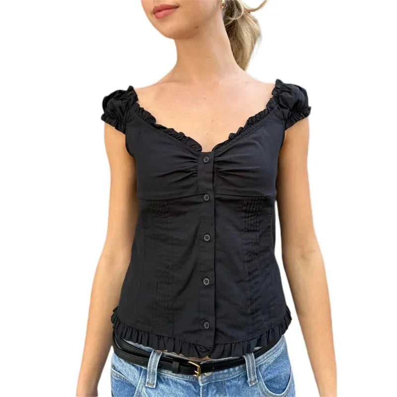 y2k Tank Top Clothes Solid Color Cap Sleeve Button Down Slim Fit Frill T Shirt 2000s Vest Streetwear