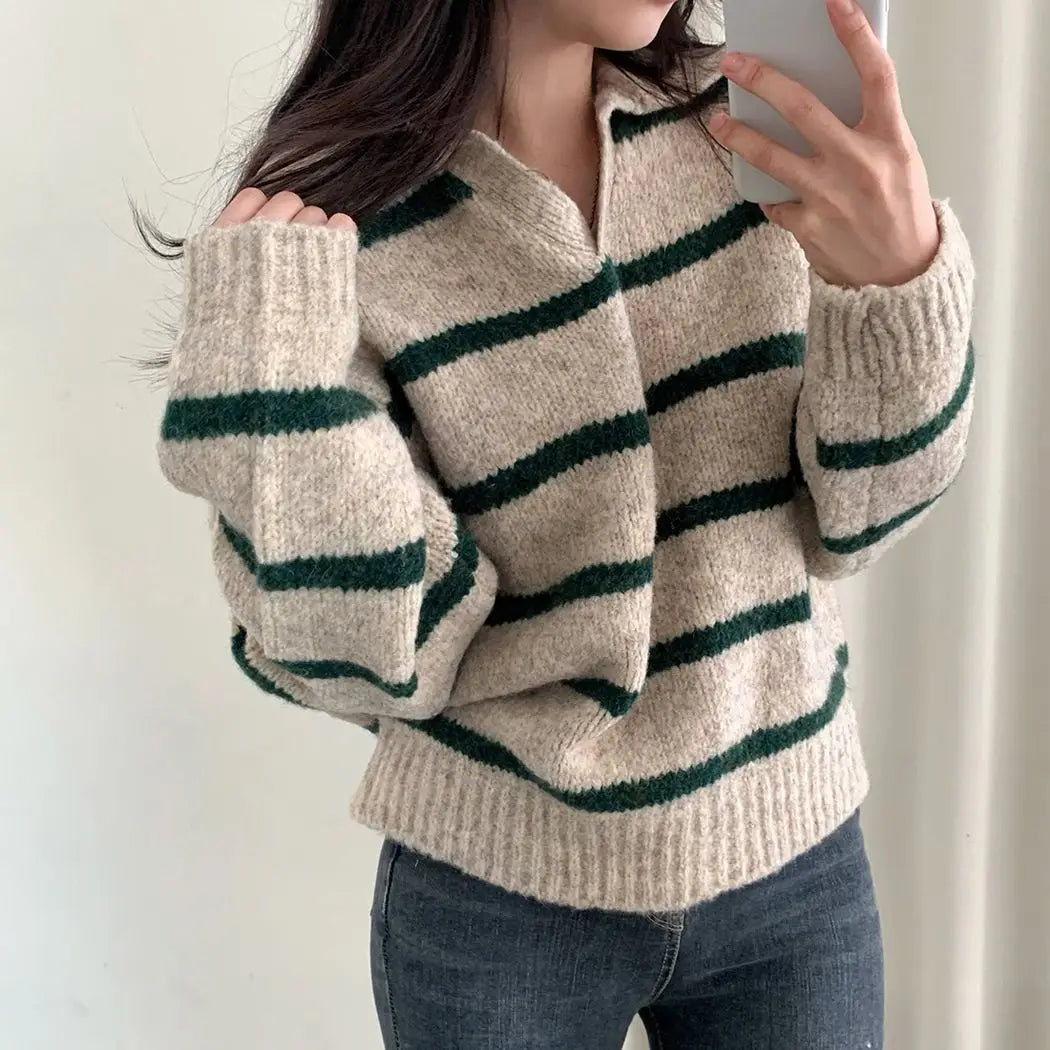 Large size Korean style lapel slimming contrast striped sweater winter long-sleeved loose pullover sweater y2k tops