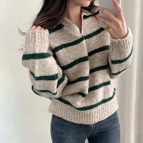 Large size Korean style lapel slimming contrast striped sweater winter long-sleeved loose pullover sweater y2k tops