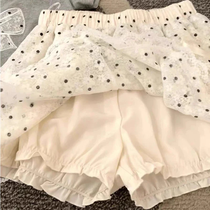 Korean Sweet Dot Lace Bow Mini Skirt Y2k Harajuku A-line Skirt Girl Elastic High Waist Cake Skirts